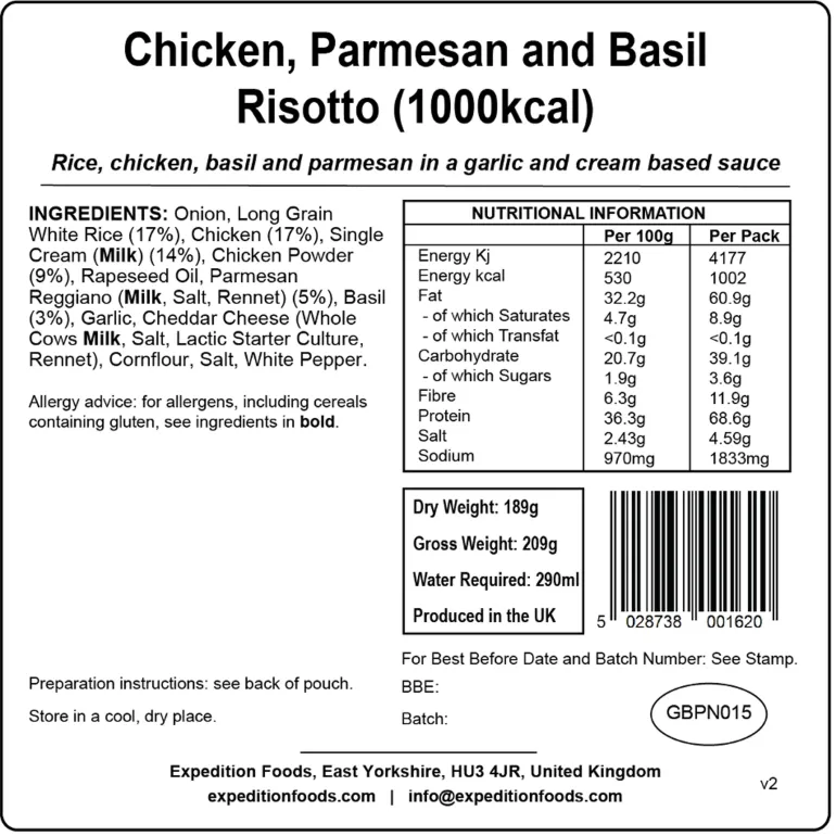 Expedition Foods Chicken Parmesan and Basil Risotto - 1000kcal
