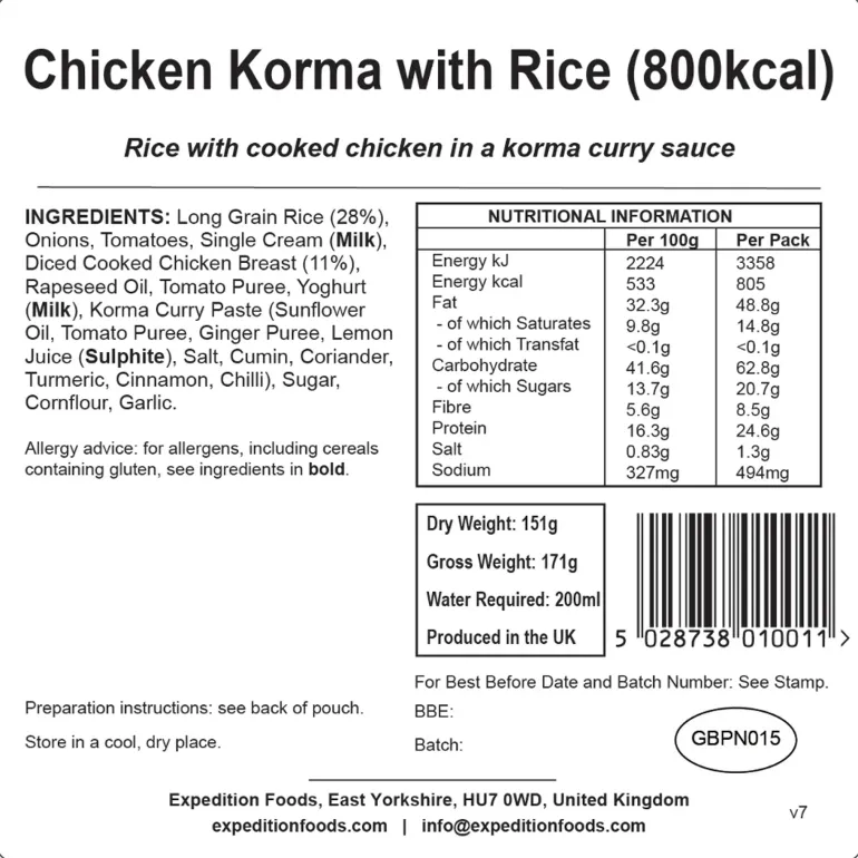 Expedition Foods Chicken Korma with Rice - 800kcal
