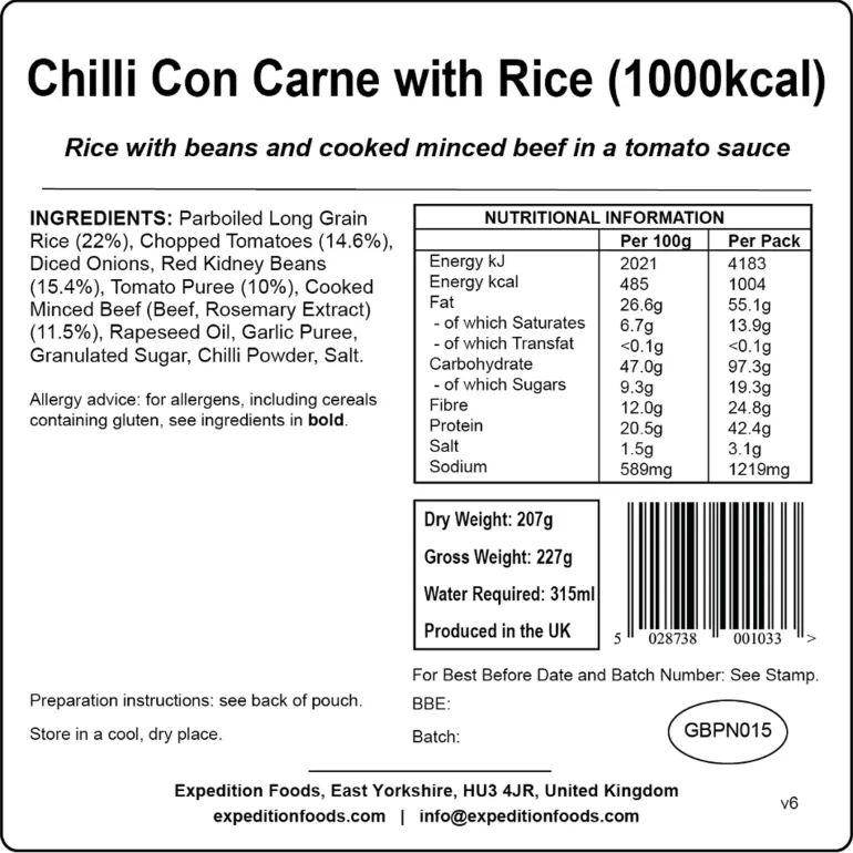 Expedition Foods Chilli Con Carne with Rice - 1000kcal