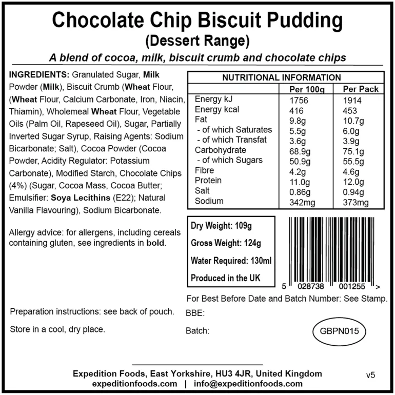 Expedition Foods Chocolate Chip Biscuit Pudding - Dessert Range
